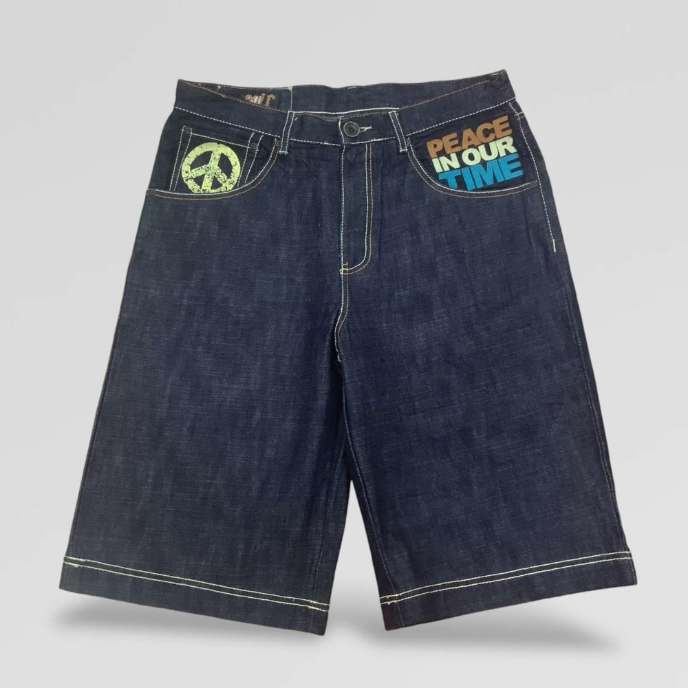 Men's Live Mechanics Peace Sign Raw Blue Denim Shorts NWT